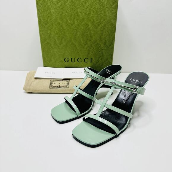 Gucci Regent Slim Horsebit 38/ US 8 Heel Sandals Pacific Green Leather NIB $990 - Picture 3 of 13